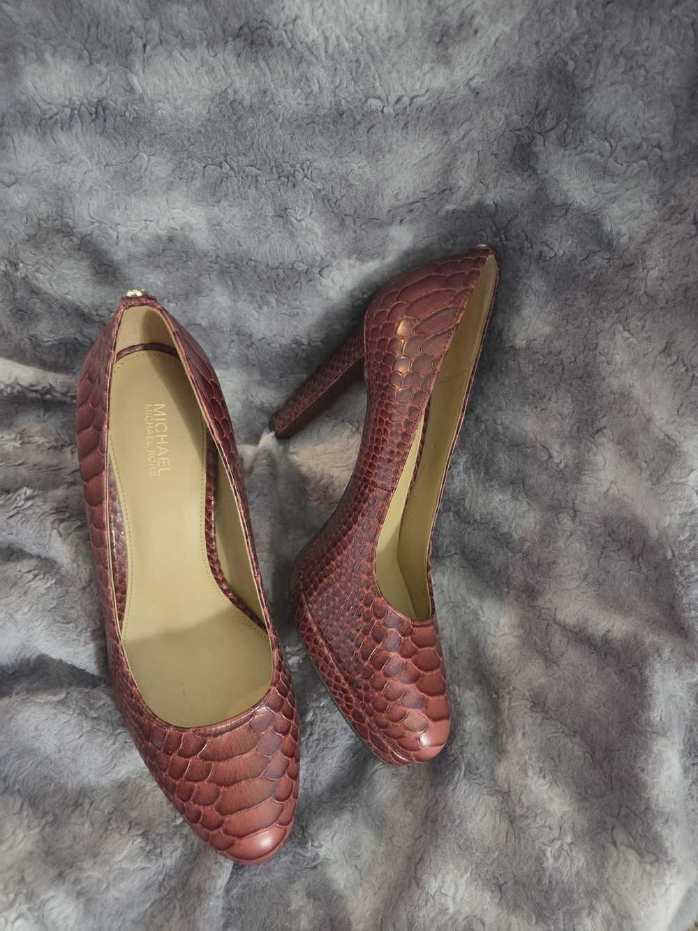 Michael Kors Ethel Snake Print Leather Round Toe Platform Heels Brandy Size 8